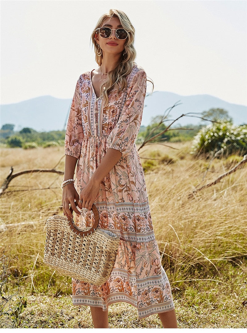 Robe midi femme – Coupe fluide – Imprimé fleuri – Tissu respirant – Manches 3/4