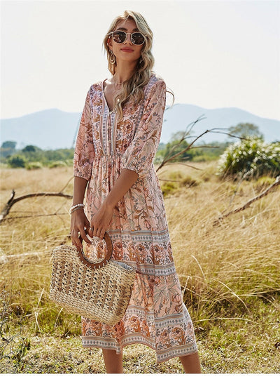 Robe midi femme – Coupe fluide – Imprimé fleuri – Tissu respirant – Manches 3/4