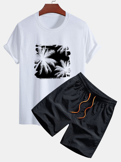T-shirt en Coton à Imprimé Silhouette de Palmiers & Short de Bain