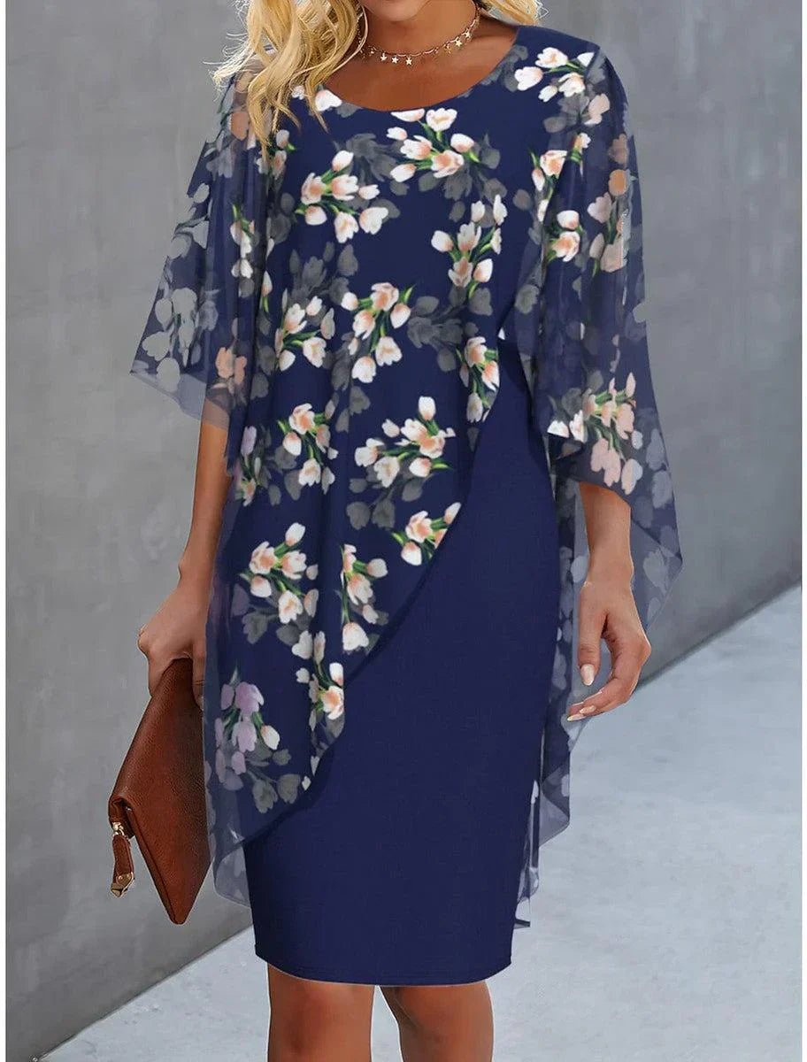 Faye™ | Robe courte à encolure ronde avec imprimé bleu