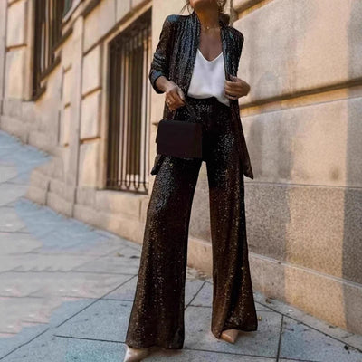 Ensemble Femme – Veste à Sequins Coupe Structurée – Pantalon Large Taille Haute