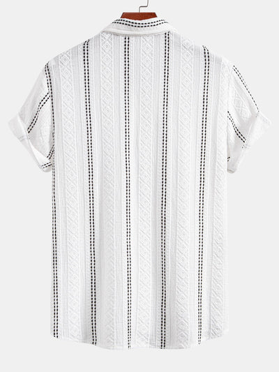Ensemble Estival : Chemise Jacquard à Rayures Géométriques & Short Froissé à Cordon
