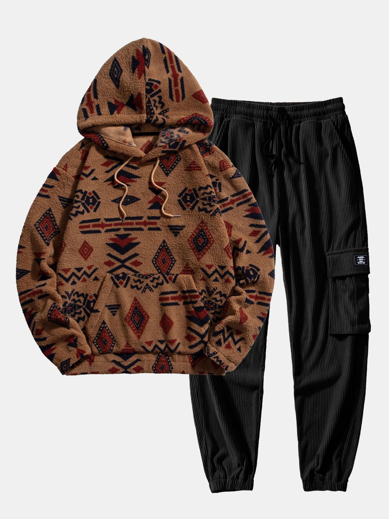 Sweat à capuche en peluche à imprimé aztèque et pantalon de jogging cargo en velours côtelé à cordon de serrage