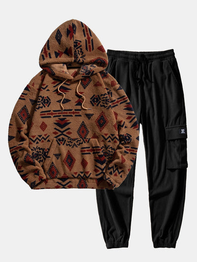 Sweat à capuche en peluche à imprimé aztèque et pantalon de jogging cargo en velours côtelé à cordon de serrage