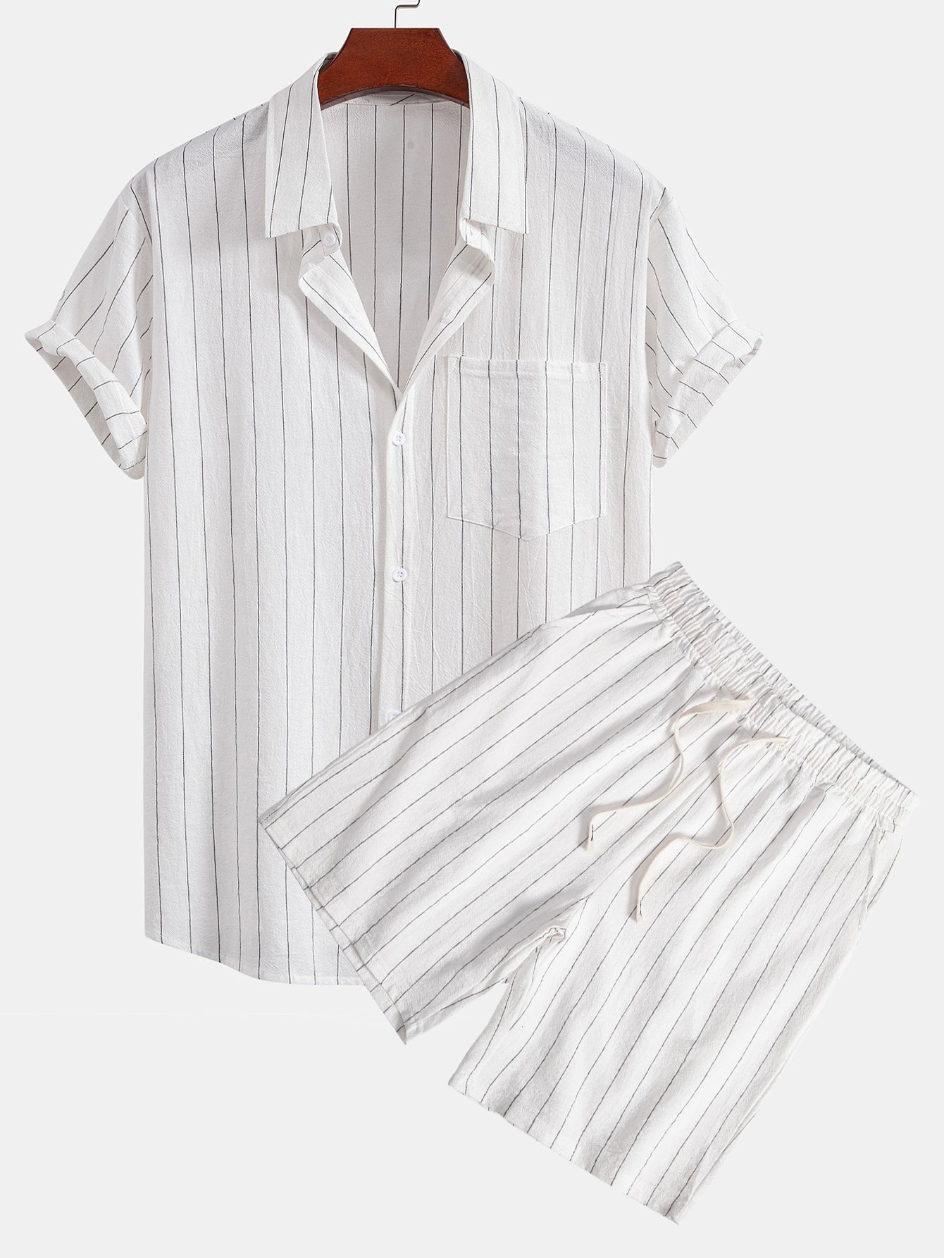 Ensemble Décontracté : Chemise Rayée Style Lin & Short à Cordon