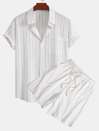 Ensemble Décontracté : Chemise Rayée Style Lin & Short à Cordon