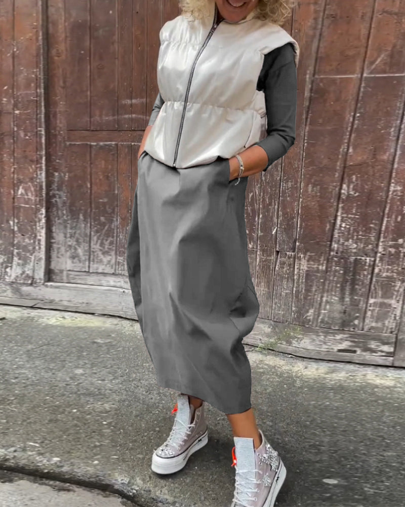 Laura| Robe élégante à manches longues, de couleur unie, avec poches