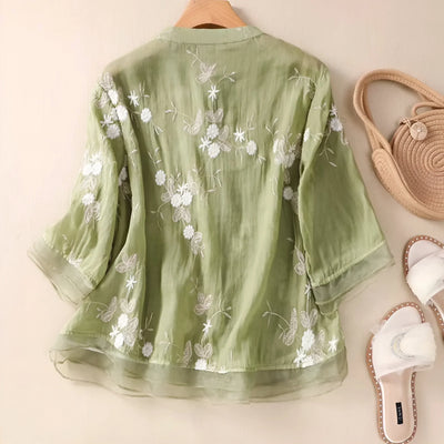 Blouse Femme – Coupe Décontractée – Fibres Naturelles – Broderie Florale – Manches 3/4