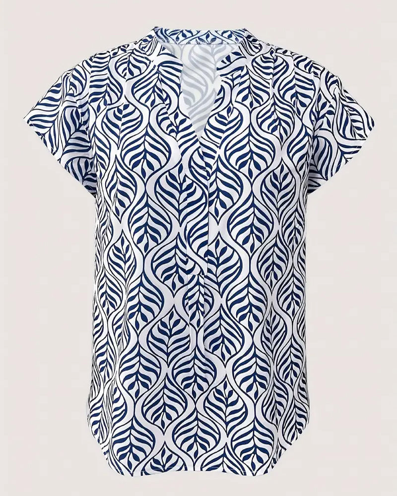 Blouse Col Montant Imprimé Feuille Manches Courtes