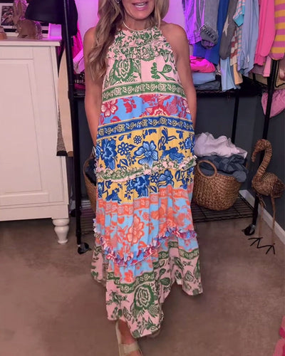 Robe décontractée bohème sans manches imprimée