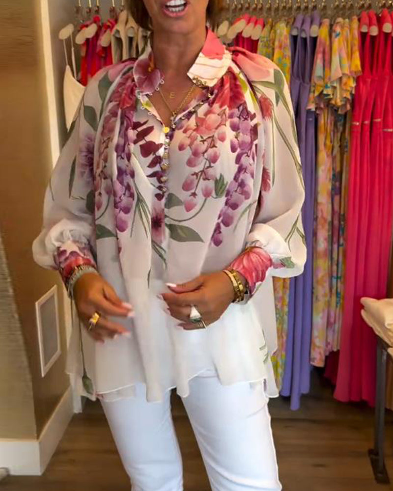 Blouse Manches Lanterne Décontractée Imprimée