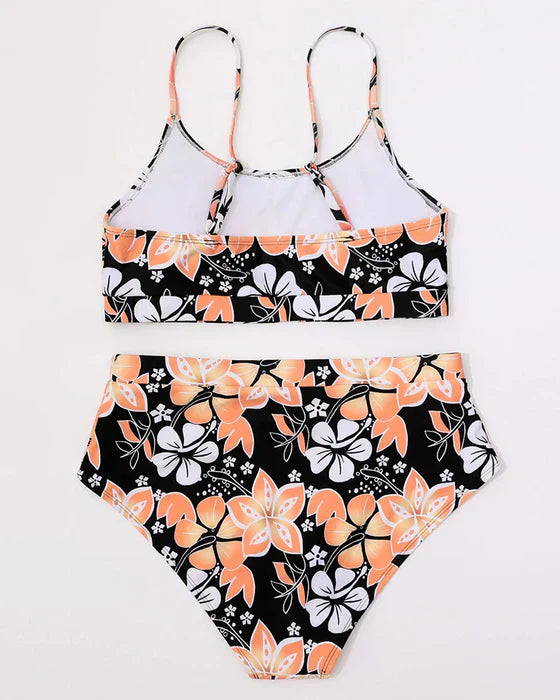 Bikini femme – Taille haute – Haut style débardeur – Imprimé floral – Tissu respirant
