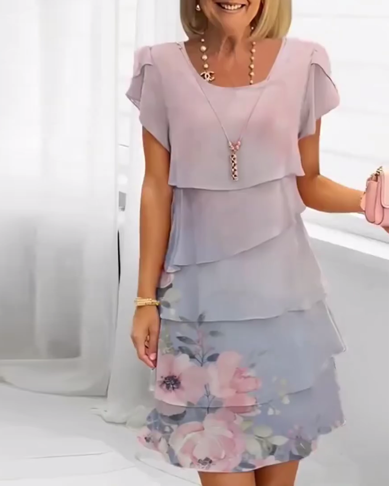 Robe Manches Pétales Élégante Imprimé Fleuri