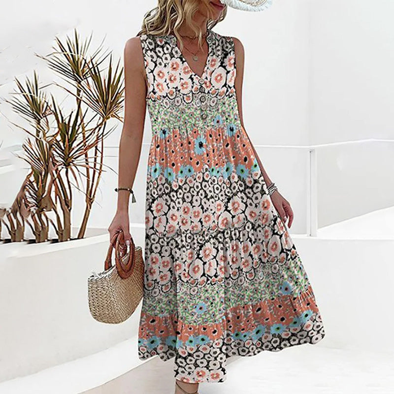 Robe sans manches avec décolleté en V et imprimé fleuri pour femme | Midi