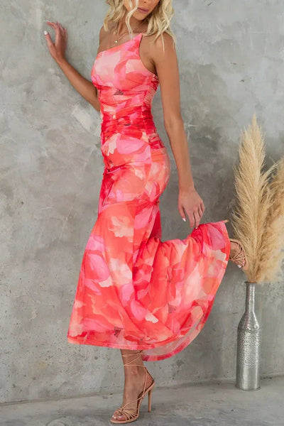 Robe longue extensible à une épaule et imprimé floral