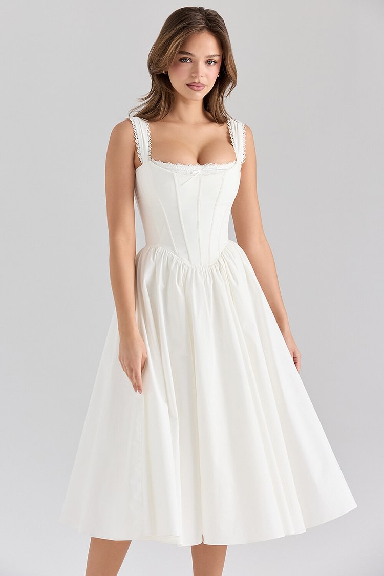 Conception de corset avec bretelles larges, robe midi unie