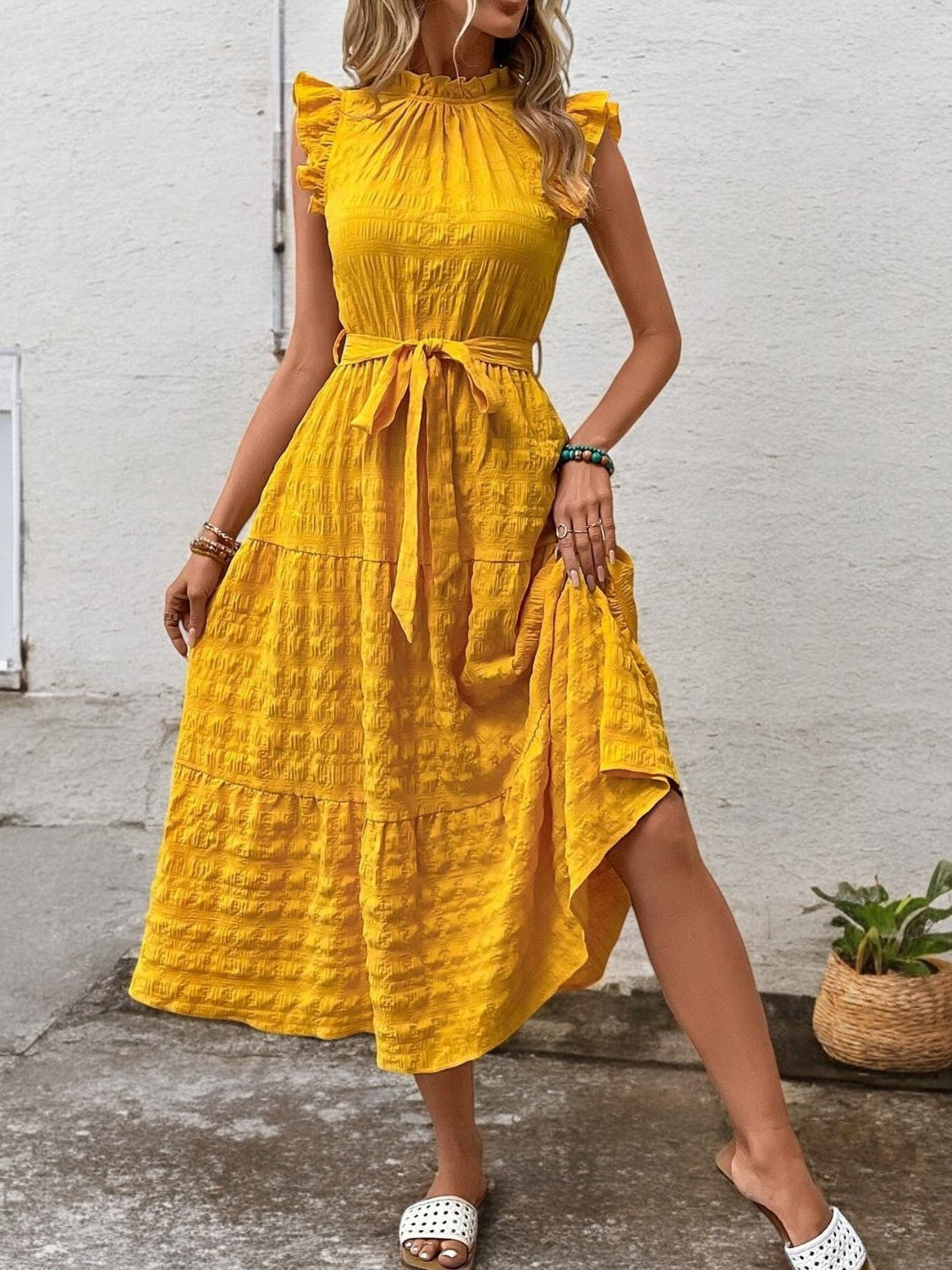 Gisèle - Robe Midi À Ourlets Volantés Et Ceinture À Nouer