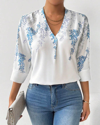 Blouse Trois-Quarts Manches V-Carré Imprimé