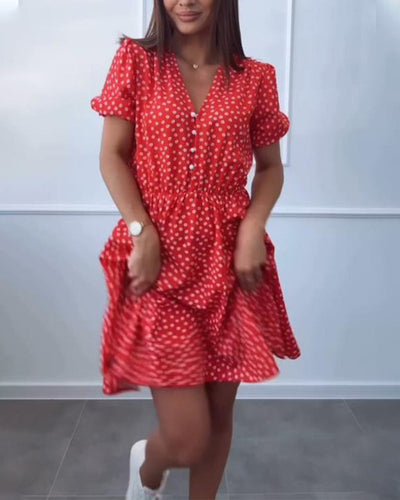 Robe Imprimé À Pois Boutonné Col En V