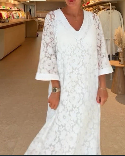Robe Décolleté V Dentelle Fleur Ample