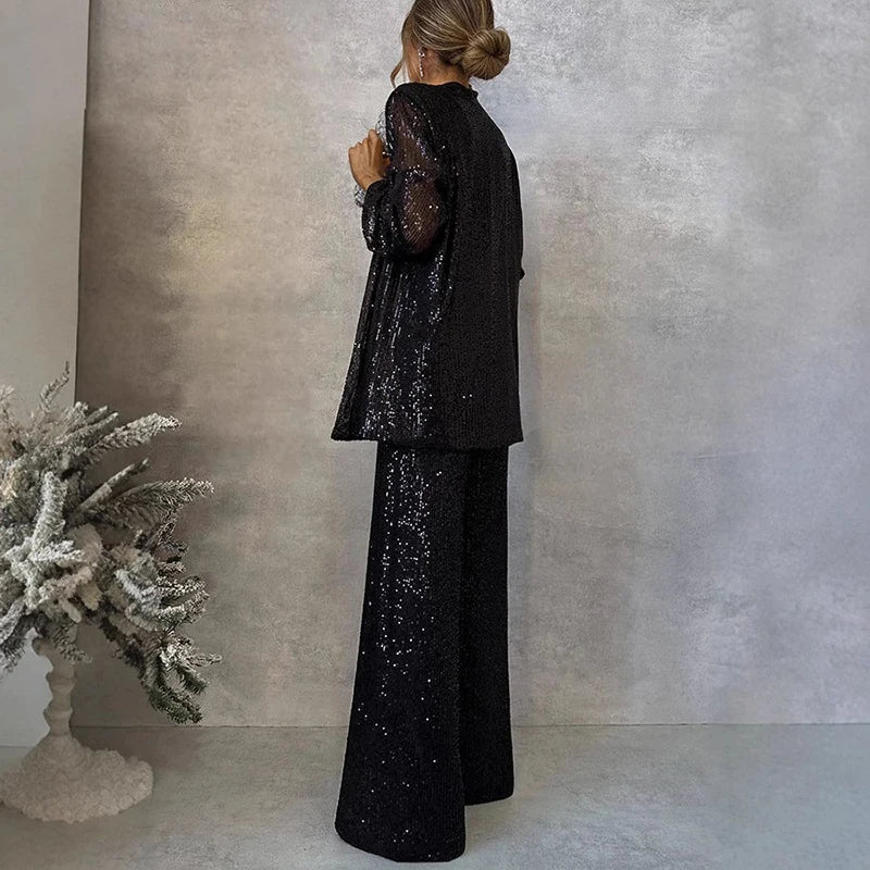 Ensemble Femme – Veste à Sequins Coupe Structurée – Pantalon Large Taille Haute