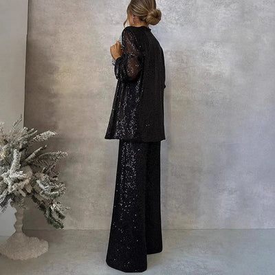 Ensemble Femme – Veste à Sequins Coupe Structurée – Pantalon Large Taille Haute