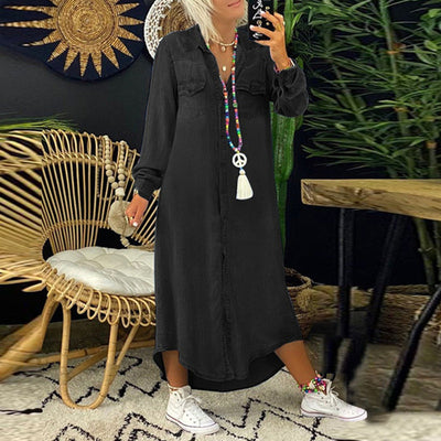 Ines - Robe Maxi à Manches Longues en Denim