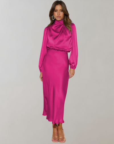 Robe Satinée | Col Montant | Élégance Nocturne