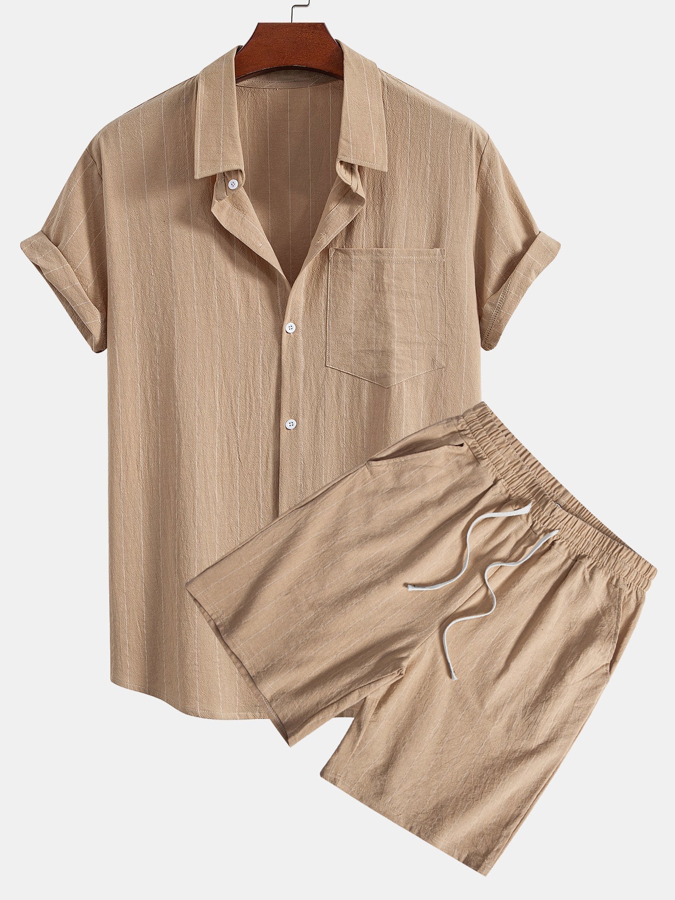 Ensemble Décontracté : Chemise Rayée Style Lin & Short à Cordon