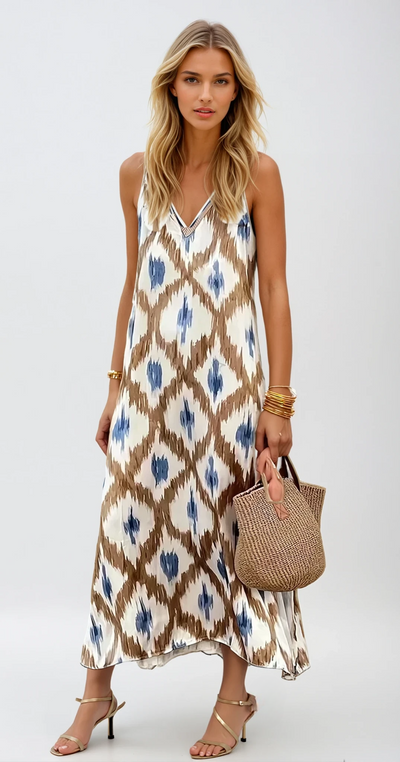 Rose - Robe Maxi Boho Ikat En Coton Avec Décolleté En V