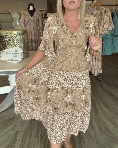 Robe Encolure En V Manche Lotus Fleuri