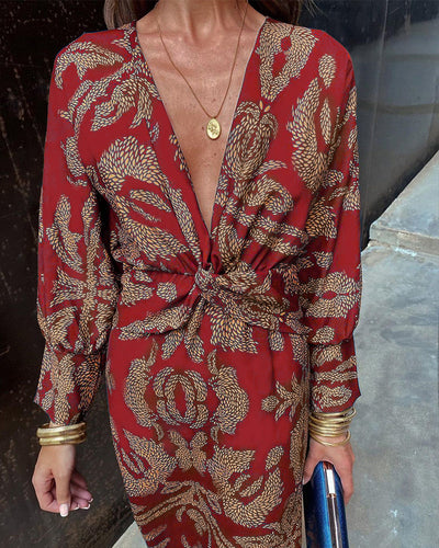 Robe Midi | Imprimé Feuillage | Élégance Bohème