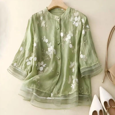 Blouse Femme – Coupe Décontractée – Fibres Naturelles – Broderie Florale – Manches 3/4