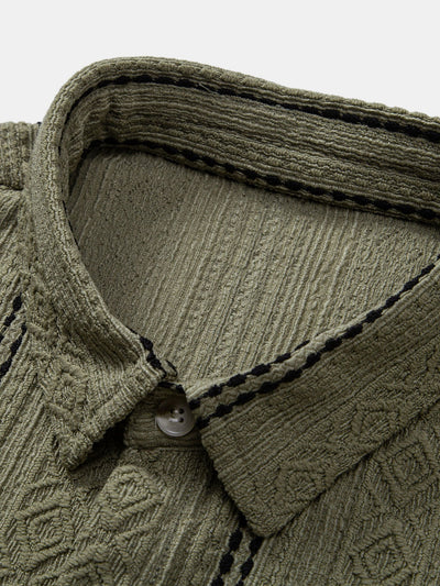 Ensemble Estival : Chemise Jacquard à Rayures Géométriques & Short Froissé à Cordon