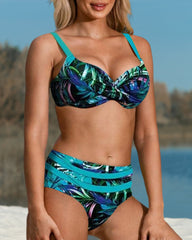 Bikini femme – Haut twist structuré – Taille haute – Motif feuilles – Maintien confort