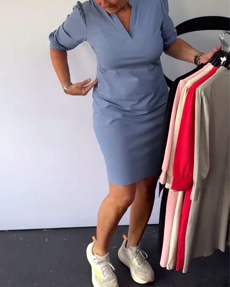 Robe Col En V Couleur Unie Coupe Droite Hanche
