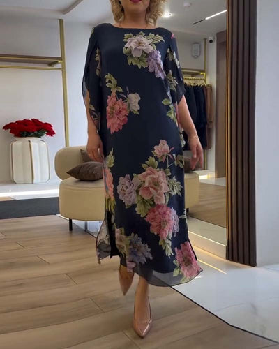 Robe Col Rond Fleuri Fente