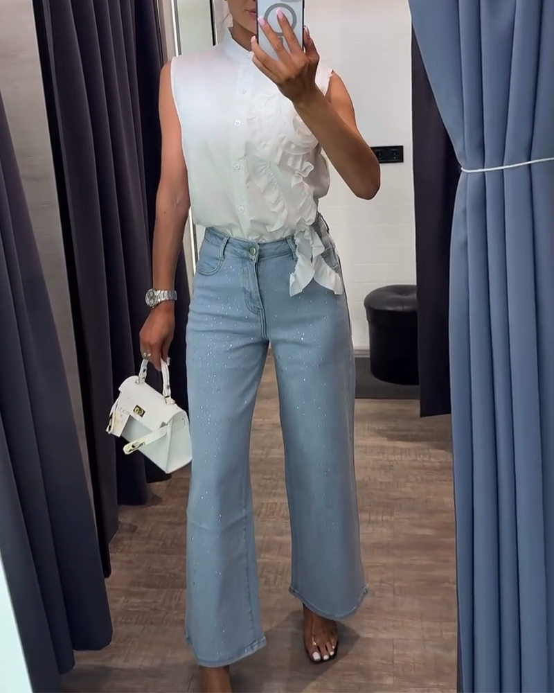 Blouse Mode Uni Couleur Fleur Tridimensionnelle Sans Manches