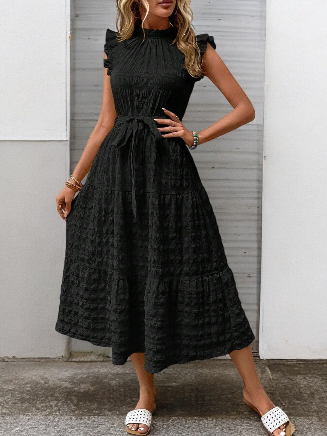Gisèle - Robe Midi À Ourlets Volantés Et Ceinture À Nouer
