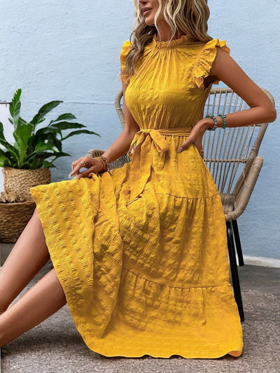 Gisèle - Robe Midi À Ourlets Volantés Et Ceinture À Nouer