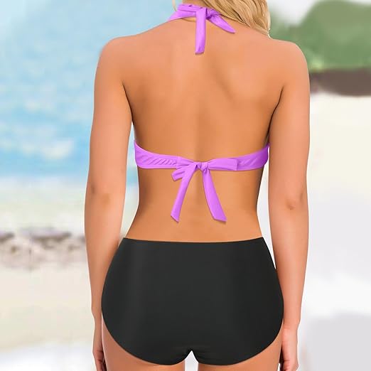 Bikini femme – Haut croisé ajusté – Rayures asymétriques – Tissu respirant extensible