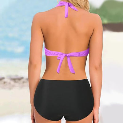Bikini femme – Haut croisé ajusté – Rayures asymétriques – Tissu respirant extensible