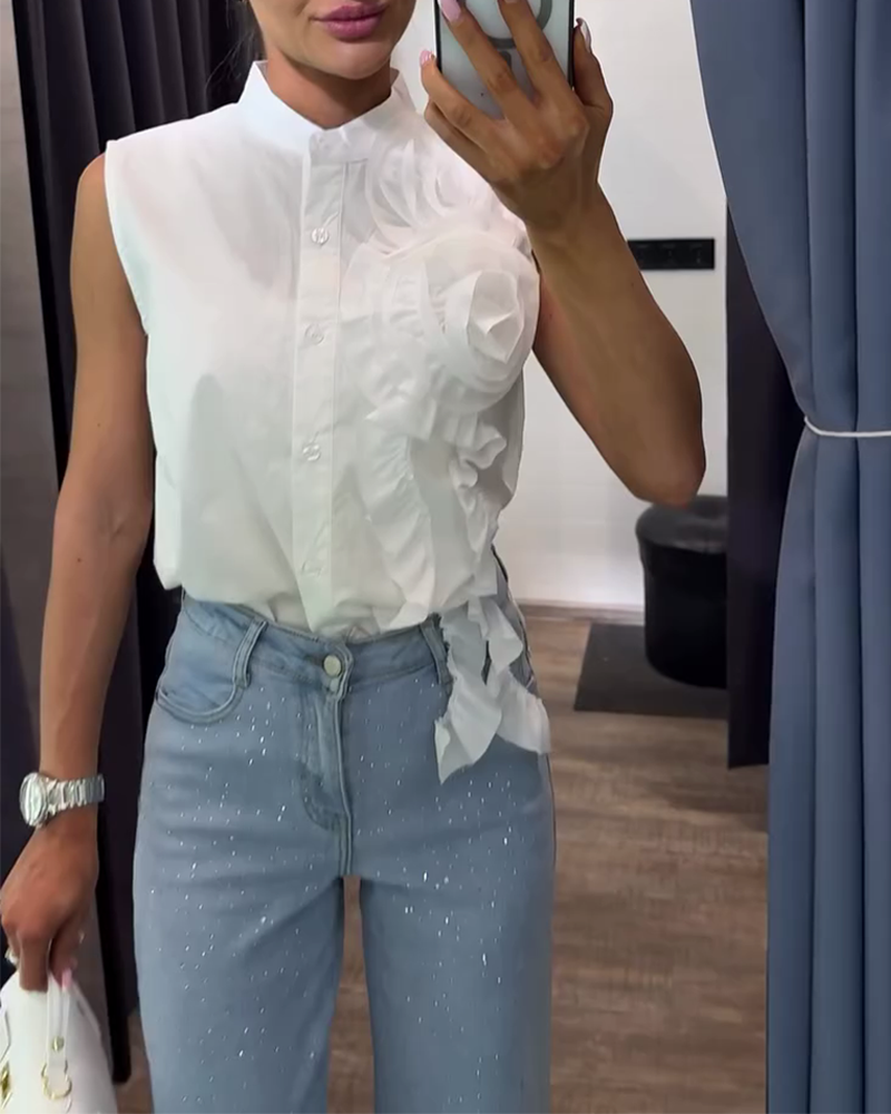 Blouse Mode Uni Couleur Fleur Tridimensionnelle Sans Manches