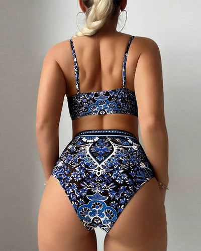 Maillot de bain Haute Taille Imprimé Rétro Deux-pièces