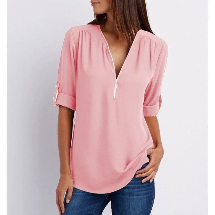 Blouse femme – Coupe ample – Tissu respirant – Demi-zip – Manches 3/4 retroussables
