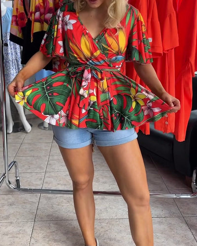 Blouse Col En V Manches Courtes Taille