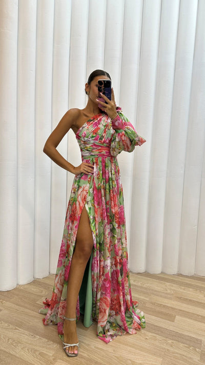 Robe longue femme – Épaule dénudée – Fente haute – Imprimé fleuri – Tissu fluide