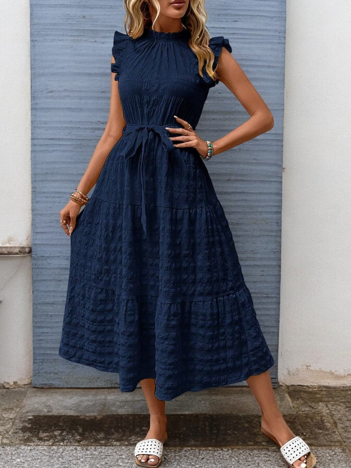 Gisèle - Robe Midi À Ourlets Volantés Et Ceinture À Nouer