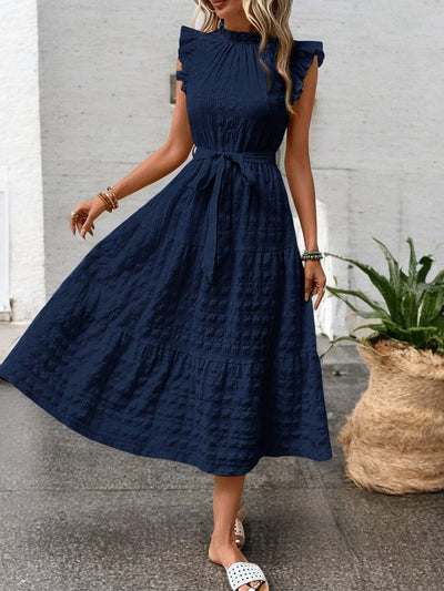 Gisèle - Robe Midi À Ourlets Volantés Et Ceinture À Nouer