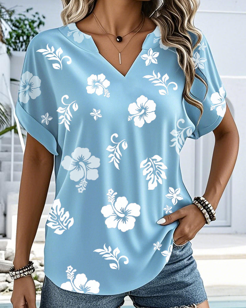 Blouse Col En V Décontractée Imprimée Manches Courtes